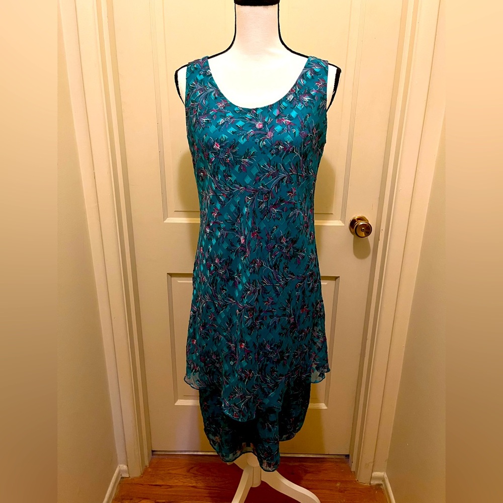 Patra Vintage Dress Peacock Print Fairy Shimmery Tiered Y2K Sz 12
